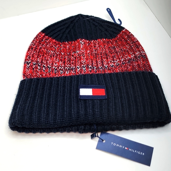 TOMMY HILFIGER HAT BEANIE , NAVY & RED, UNISEX - Picture 3 of 7